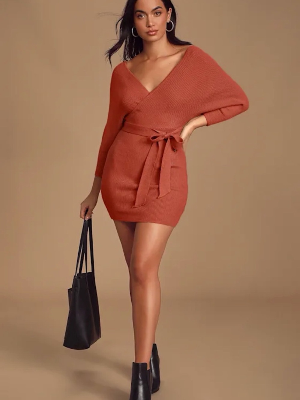 LuLu’s Modena Rust Brown Dolman Sleeve Bodycon Sweater Dress